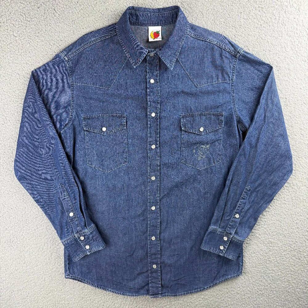 Sky High Farm Shirt Mens Medium M Blue Denim Pearl Snap Collar Polo Button Up 2